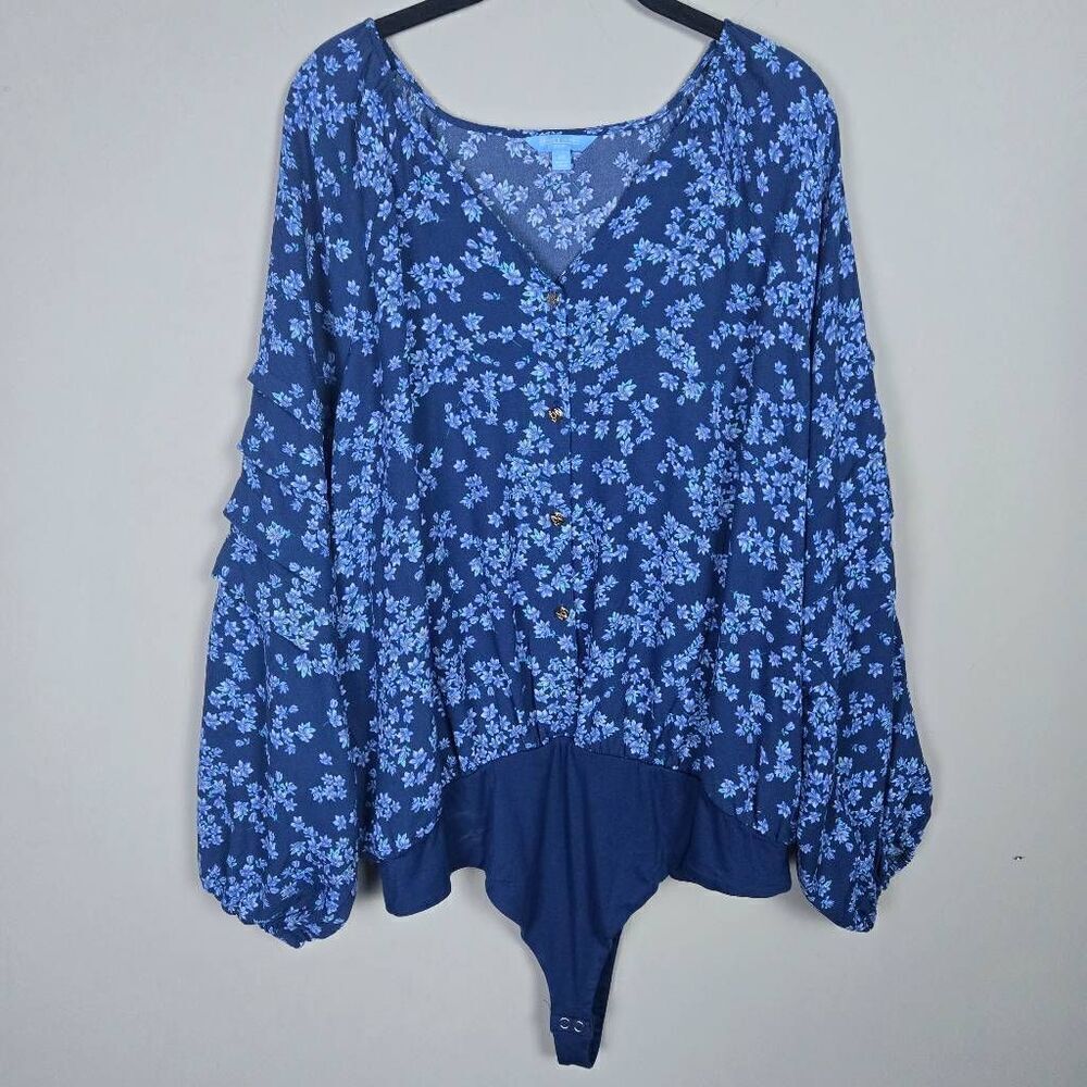 Draper James Womens Floral Button Up Bodysuit Size 2X Blue Ruffle Cottagecore